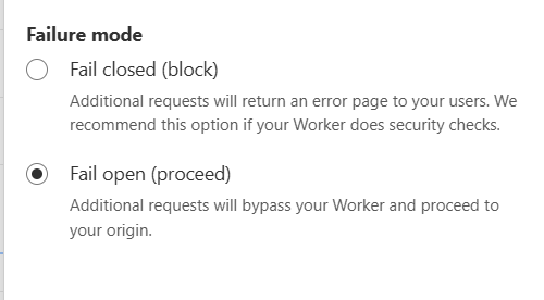 Select Fail open (Proceed) option at Cloudflare worker Route Failure mode