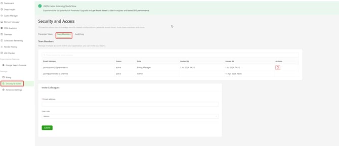 Invite your team members from the Security and Access, Team members menu