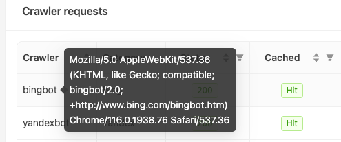 The crawler's exact user-agent is visible if you hover over the short name of the crawler in CDN Analytics menu