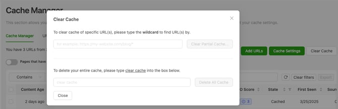 Clear Cache modal in the Prerender.io dashboard showing wildcard pattern input and partial purge option